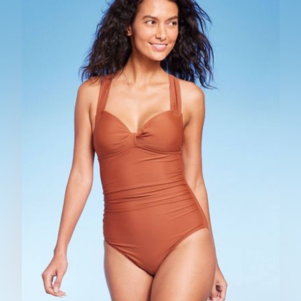 Kona Sol Brown Twist-Front Shirred Full Coverage One Piece Swimsuit NWT